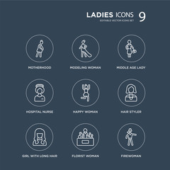 Fototapeta premium 9 Motherhood, Modeling Woman, Girl with Long Hair, Hair Styler, Happy Middle Age Lady modern icons on black background, vector illustration, eps10, trendy icon set.