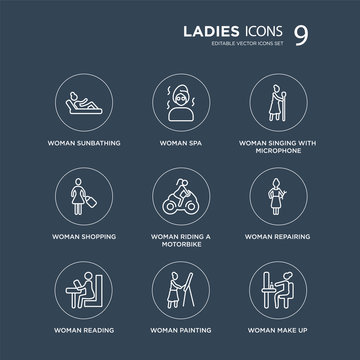 9 Woman Sunbathing, Spa, Reading, Repairing, Riding a Motorbike, Singing with Microphone modern icons on black background, vector illustration, eps10, trendy icon set.