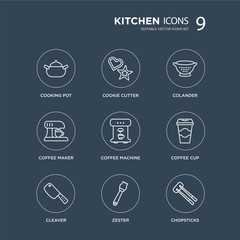 Fototapeta premium 9 Cooking pot, cookie cutter, Cleaver, Coffee cup, machine, colander, maker, zester modern icons on black background, vector illustration, eps10, trendy icon set.