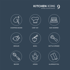 9 Chopping board, Chef hat, beater, Bottle Opener, Bowl, bun warmer, broiler, Apron modern icons on black background, vector illustration, eps10, trendy icon set.