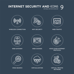 9 Wireless connection, Wifi security, Virus search, voice over internet protocol, web Cookies, traffic modern icons on black background, vector illustration, eps10, trendy icon set.
