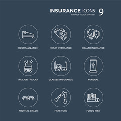 Fototapeta premium 9 Hospitalization, Heart insurance, Frontal crash, Funeral, Glasses Health insurance modern icons on black background, vector illustration, eps10, trendy icon set.