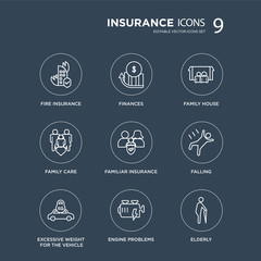 9 Fire insurance, Finances, Excessive weight for the vehicle, Falling, Familiar Family House modern icons on black background, vector illustration, eps10, trendy icon set.