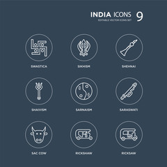 9 Swastica, sikhism, Sac cow, Saraswati, sarnaism, Shehnai, shaivism, Rickshaw modern icons on black background, vector illustration, eps10, trendy icon set.