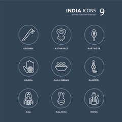 9 Krishna, Kathakali, Kali, Kandeel, Kanji vadas, Kartikeya, Karma, Kalasha modern icons on black background, vector illustration, eps10, trendy icon set.