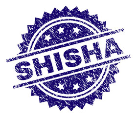 SHISHA stamp seal watermark with distress style. Blue vector rubber print of SHISHA caption with grunge texture.