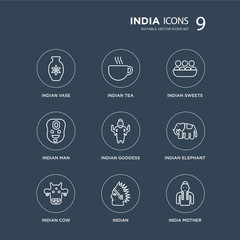 9 indian Vase, Tea, Cow, Elephant, Goddess, Sweets, Man, Indian modern icons on black background, vector illustration, eps10, trendy icon set.