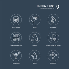 9 india Badge, India, Hanuman, Henna painted hand, Hindu, Hookah, hindu Swastika, Guru modern icons on black background, vector illustration, eps10, trendy icon set.