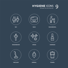 9 Wc, Wax, Vacuum, varnish, Virus, Washbowl, Washbasin, Urinal modern icons on black background, vector illustration, eps10, trendy icon set.