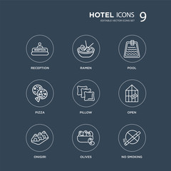 9 Reception, Ramen, Onigiri, Open, Pillow, Pool, Pizza, Olives modern icons on black background, vector illustration, eps10, trendy icon set.