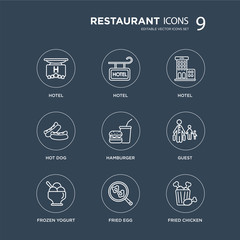 9 Hotel, Frozen yogurt, Guest, Hamburger, Hot dog, Fried egg modern icons on black background, vector illustration, eps10, trendy icon set.