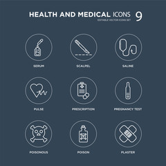 9 Serum, Scalpel, Poisonous, Pregnancy test, Prescription, Saline, Pulse, Poison modern icons on black background, vector illustration, eps10, trendy icon set.