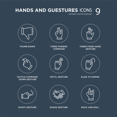 Fototapeta premium 9 Thumb down, Three fingers command, Shoot gesture, Slide to shrink, Tactil finge hand gesture modern icons on black background, vector illustration, eps10, trendy icon set.
