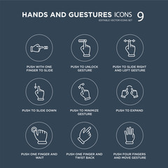 9 Push with one finger to slide, unlock gesture, and wait, expand modern icons on black background, vector illustration, eps10, trendy icon set.