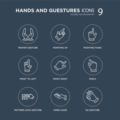 9 Prayer gesture, Pointing up, Pattern lock Pinch, Point Right, hand, to Left, Open hand modern icons on black background, vector illustration, eps10, trendy icon set.