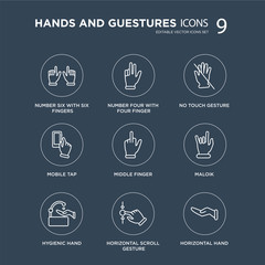 9 Number six with fingers, four finger, Hygienic hand, Maloik, Middle No touch gesture modern icons on black background, vector illustration, eps10, trendy icon set.