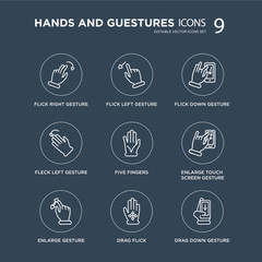 Obraz premium 9 Flick Right gesture, Left Enlarge touch screen Five Fingers modern icons on black background, vector illustration, eps10, trendy icon set.