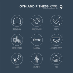 9 Bosu Ball, Bodybuilder, Arm, Athletic Strap, Barbell, Biceps, Bench press, Anatomy modern icons on black background, vector illustration, eps10, trendy icon set.