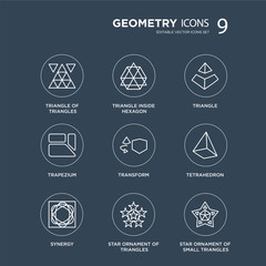 9 Triangle of triangles, inside hexagon, Synergy, Tetrahedron, Transform, modern icons on black background, vector illustration, eps10, trendy icon set.