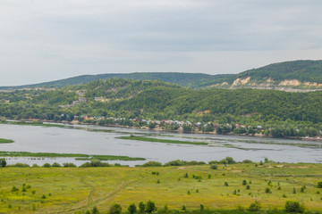 summer landscape, river, forest, village
