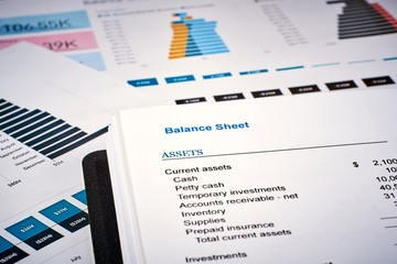 balance sheet on the background of financial documents, close-up