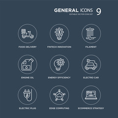 9 food delivery, fintech innovation, electric plug, electro car, energy efficiency, filament, engine oil, edge computing modern icons on black background, vector illustration, eps10, trendy icon set.