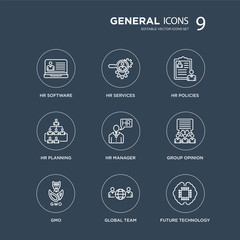 9 hr software, services, gmo, group opinion, manager, policies, planning, global team modern icons on black background, vector illustration, eps10, trendy icon set.