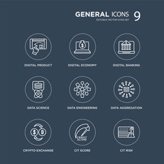 9 digital product, economy, crypto-exchange, data aggregation, engineering, banking modern icons on black background, vector illustration, eps10, trendy icon set.