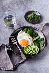 Fried eggs sided with avocado and spinach