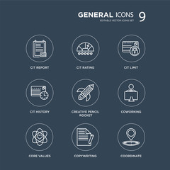 9 cit report, rating, core values, coworking, creative pencil rocket, limit, history, copywriting modern icons on black background, vector illustration, eps10, trendy icon set.
