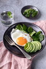Fried eggs sided with avocado and spinach