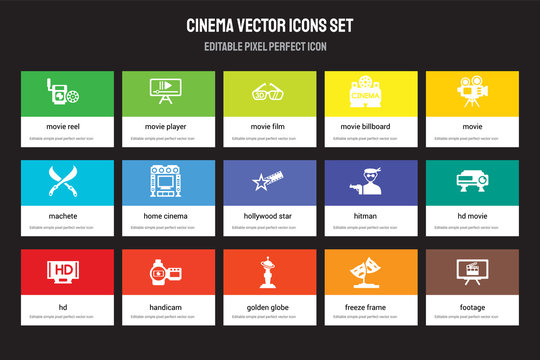 Set Of 15 Flat Cinema Icons - Movie Reel, Player, Golden Globe, Movie, Hd, Hitman, HD Freeze Frame. Vector Illustration Isolated On Colorful Background