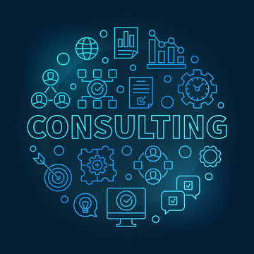 Consulting vector round blue outline illustration on dark background