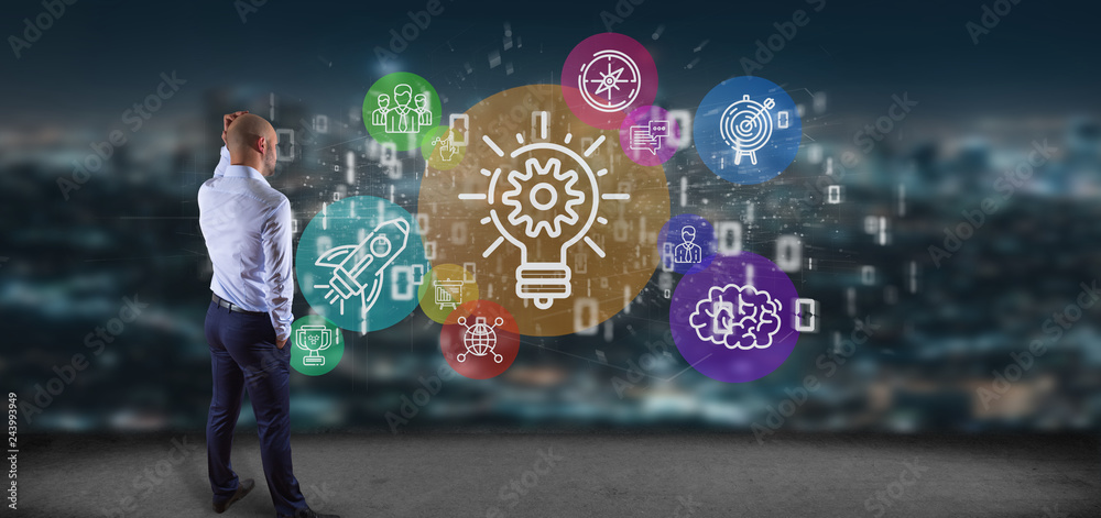 Poster businessman in front of a cloud of colorfull start up icon bubble with data binary 3d rendering