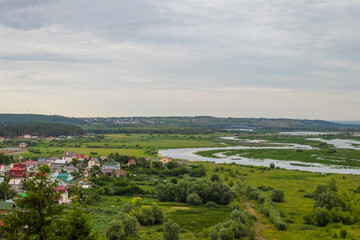 summer landscape, river, forest, village