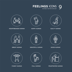 9 heartbroken human, happy funny good grateful guilty great full human modern icons on black background, vector illustration, eps10, trendy icon set.