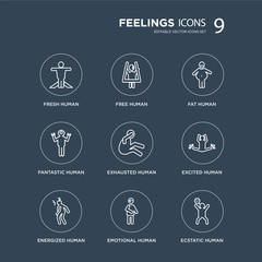 9 fresh human, free energized excited exhausted fat fantastic emotional human modern icons on black background, vector illustration, eps10, trendy icon set.