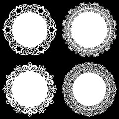 Set of design elements, lace round paper doily, doily to decorate the cake, template for cutting, snowflake, greeting element, metal plate cut by laser, vector illustrations - obrazy, fototapety, plakaty