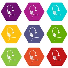 Headphones with microphone icons 9 set coloful isolated on white for web