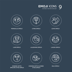 9 Monocle emoji, Lying Kissing With Smiling Eyes Laugh Laughing Love emoji modern icons on black background, vector illustration, eps10, trendy icon set.