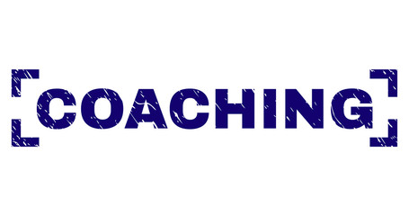 COACHING text seal print with corroded effect. Text title is placed between corners. Blue vector rubber print of COACHING with grunge texture.