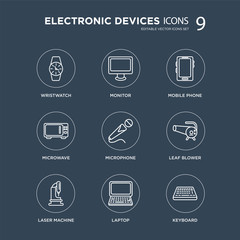 9 Wristwatch, Monitor, Laser Machine, leaf blower, Microphone, Mobile phone, Microwave, Laptop modern icons on black background, vector illustration, eps10, trendy icon set.