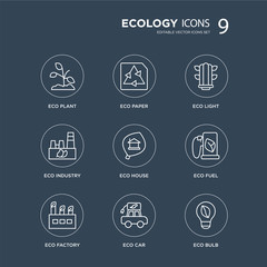 9 eco Plant, Paper, Factory, Eco fuel, house, light, Industry, car modern icons on black background, vector illustration, eps10, trendy icon set.
