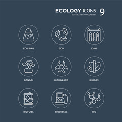 9 Eco bag, Eco, Biofuel, Biogas, Biohazard, Dam, Bonsai, Biodiesel modern icons on black background, vector illustration, eps10, trendy icon set.