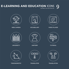 Fototapeta premium 9 Web camera, Vocabulary, Trigonometry, Tutorial, Uniform, Video player, University, Translator modern icons on black background, vector illustration, eps10, trendy icon set.