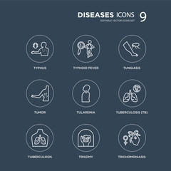 9 Typhus, Typhoid fever, Tuberculosis, Tuberculosis (TB), Tularemia, Tungiasis, Tumor, Trisomy modern icons on black background, vector illustration, eps10, trendy icon set.