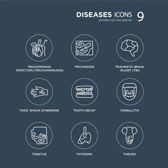 9 Trichomonas Infection (Trichomoniasis), Trichinosis, Tinnitus, Tonsillitis, Tooth decay, Traumatic Brain Injury (TBI) modern icons on black background, vector illustration, eps10, trendy icon set.