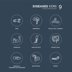9 SIDS, Siderosis, Sexually Transmitted Diseases, Shigellosis, Shin splints, Sickle-cell anemia, Shingles, Septicemia modern icons on black background, vector illustration, eps10, trendy icon set.