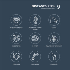 9 Rheumatic fever, Repetitive strain injury, Pubic lice, Pulmonary embolism, Q Rabies, Ques Zika Virus modern icons on black background, vector illustration, eps10, trendy icon set.