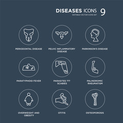 9 Periodontal disease, Pelvic inflammatory Overweight and Obesity, Palindromic rheumatism, Parasites ??? Scabies modern icons on black background, vector illustration, eps10, trendy icon set.